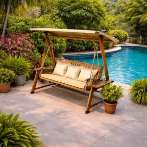 נדנדה תלת מושבית מאלומיניום דמוי עץ + גגון