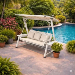 נדנדה לגינה תלת מושבית צבע לבן + גגון