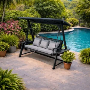 נדנדה תלת מושבית מאלומיניום מדגם נירוונה בצבע אפור כולל גגון